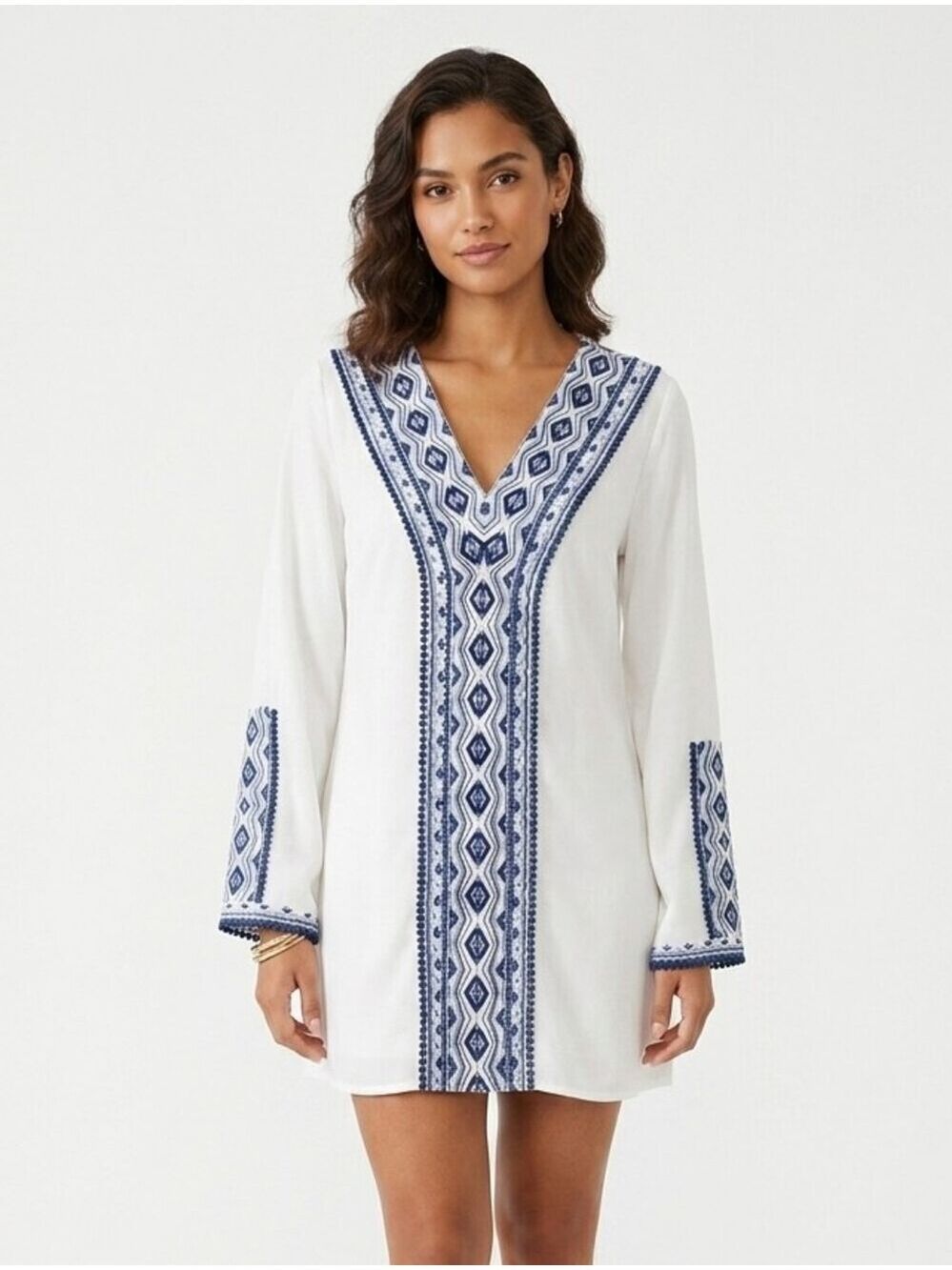 WhiteHouse Black Market Dress Embroidered Beach Aesthetic Boho Blue White Tunic